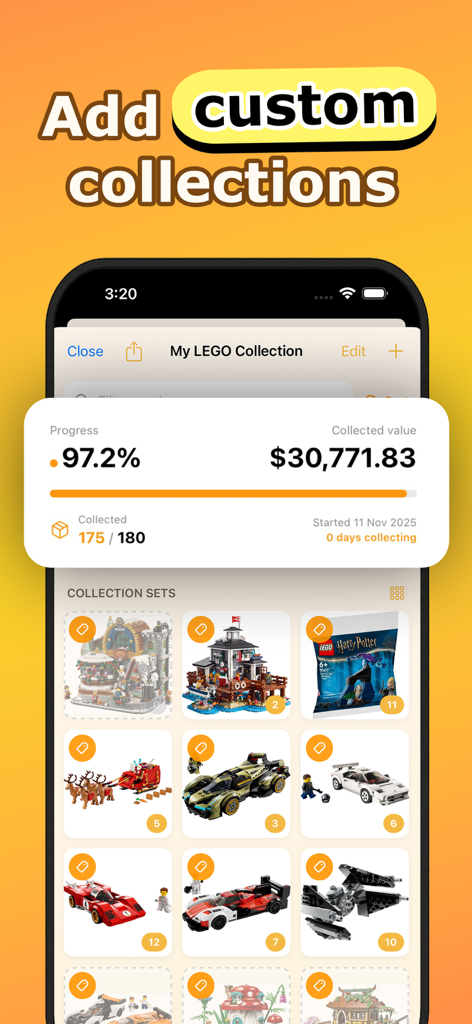 A mobile interface of the Tracker for LEGO app showing a custom collection with a total market value and a grid of tracked sets.