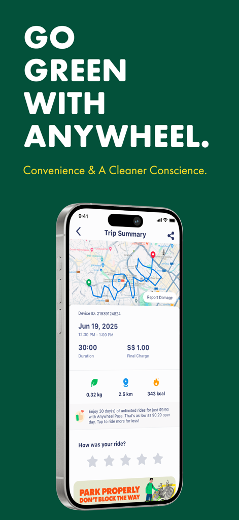 Anywheel mobile app screenshot showing a trip summary with a route map and ride statistics