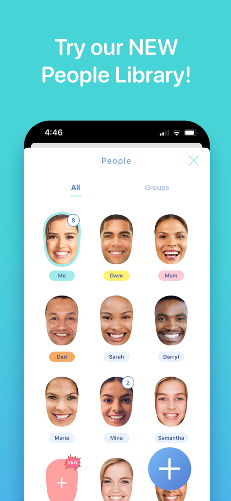 JibJab app People Library showing a grid of saved family and friend faces for personalized ecards and videos