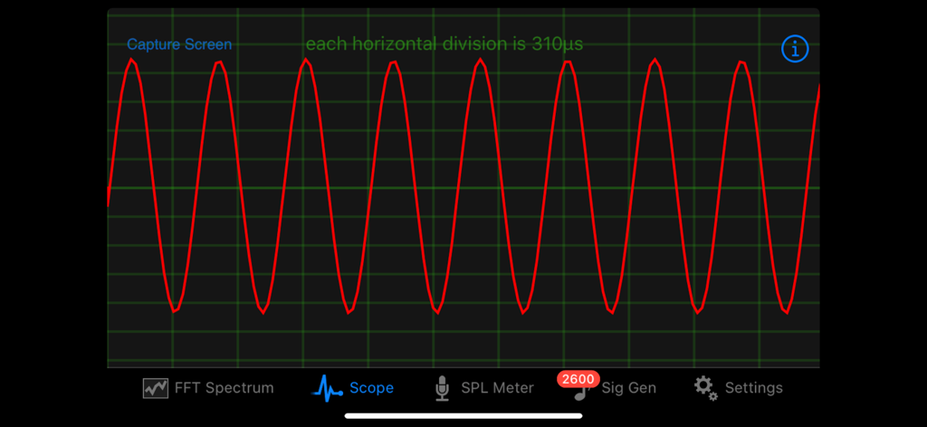 Audio Kit app oscilloscope showing a red sine wave waveform
