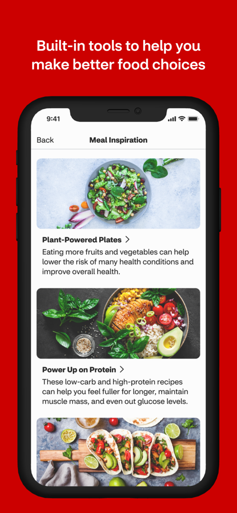 CVS Health Optimizer app interface for healthy meal inspiration and recipes