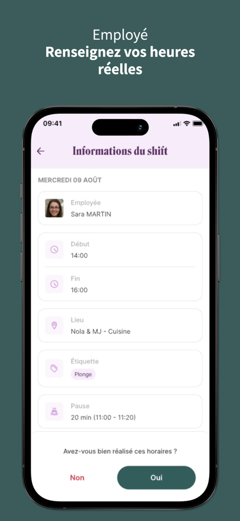 Combo - Pantalla de información de turnos de empleados y verificación de horas en la aplicación móvil Combo.