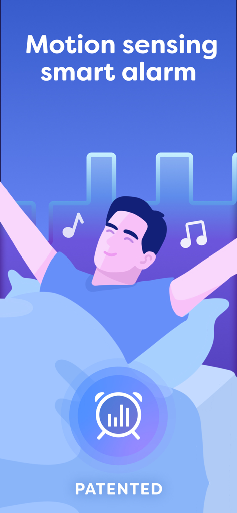Sleepwave: Alarm & Tracker - An illustration showing a man waking up refreshed in bed using the Sleepwave motion sensing smart alarm