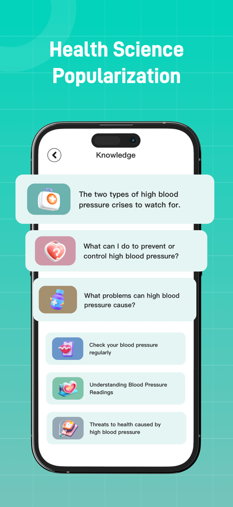 AlodBloodPressure health knowledge screen displaying articles about blood pressure prevention and control.