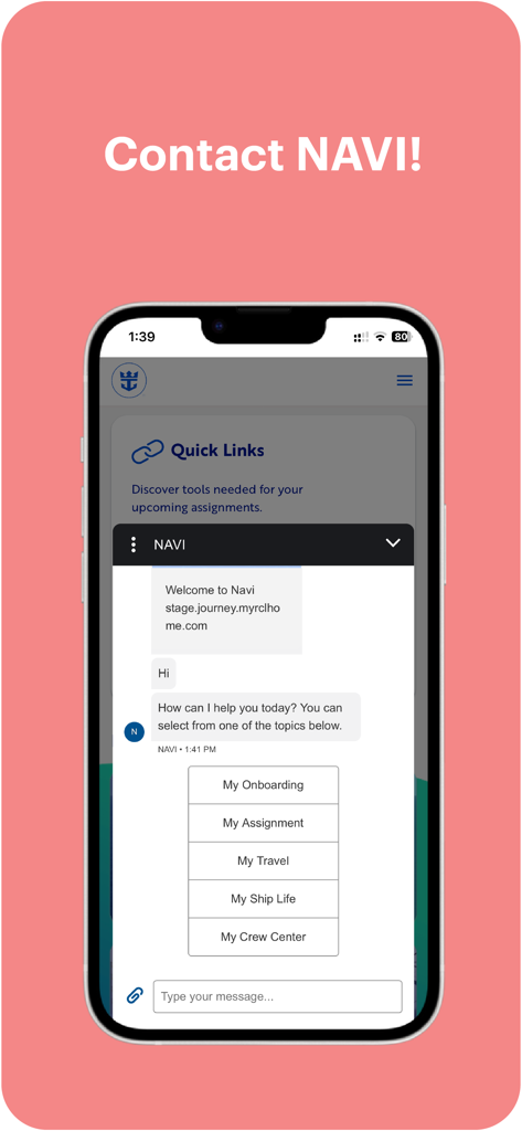 MyRCL app interface showing the NAVI chatbot for crew support.