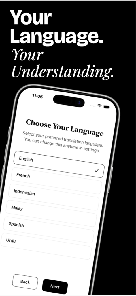 QuranScroll - A mobile interface for the QuranScroll app showing options to choose translation languages including English French and Spanish.