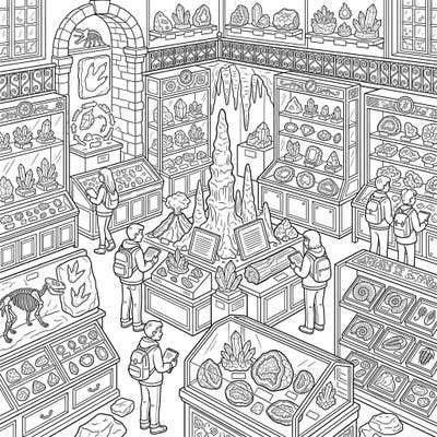 Step into an incredible geology and mineral museum, brimming with fascinating exhibits waiting for your creative touch. Discover stunning crystals, ancient fossils, and magnificent rock formations as you bring this detailed scene to life with color.