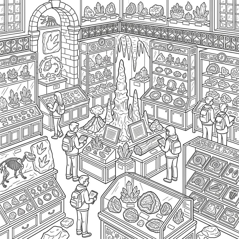 Step into an incredible geology and mineral museum, brimming with fascinating exhibits waiting for your creative touch. Discover stunning crystals, ancient fossils, and magnificent rock formations as you bring this detailed scene to life with color.