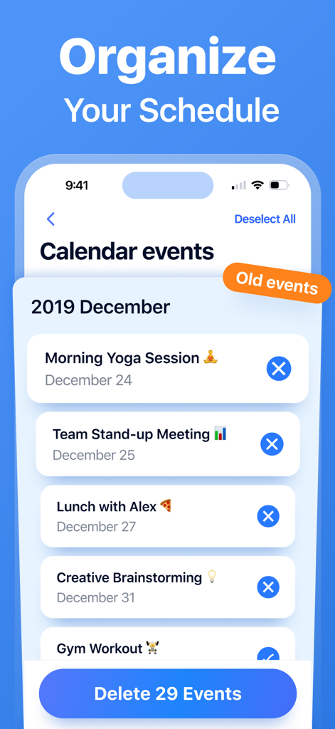 Cleanup Storage Pro - Una pantalla de aplicación móvil mostrando una lista de eventos antiguos del calendario de diciembre de 2019 con una opción para eliminarlos y liberar espacio en el teléfono.