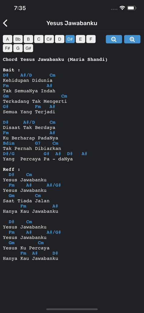 JRChord - JRChord app interface showing Indonesian Christian song lyrics and guitar chords with a key transpose feature
