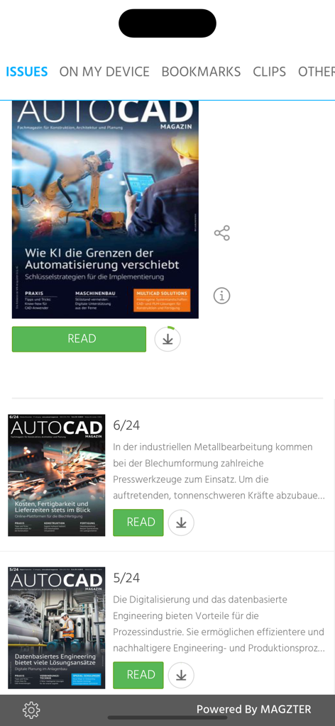 Bildschirm mit digitalen Ausgaben in der AUTOCAD und Inventor Magazin Mobile App