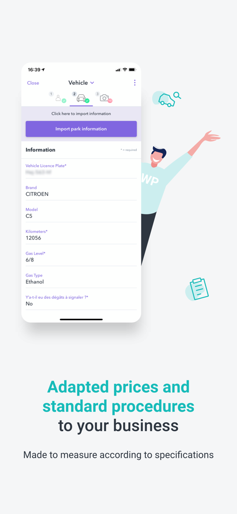 WeProov - Car Inspection - Interface de l'application WeProov montrant les informations du véhicule et les détails de l'inspection de la voiture