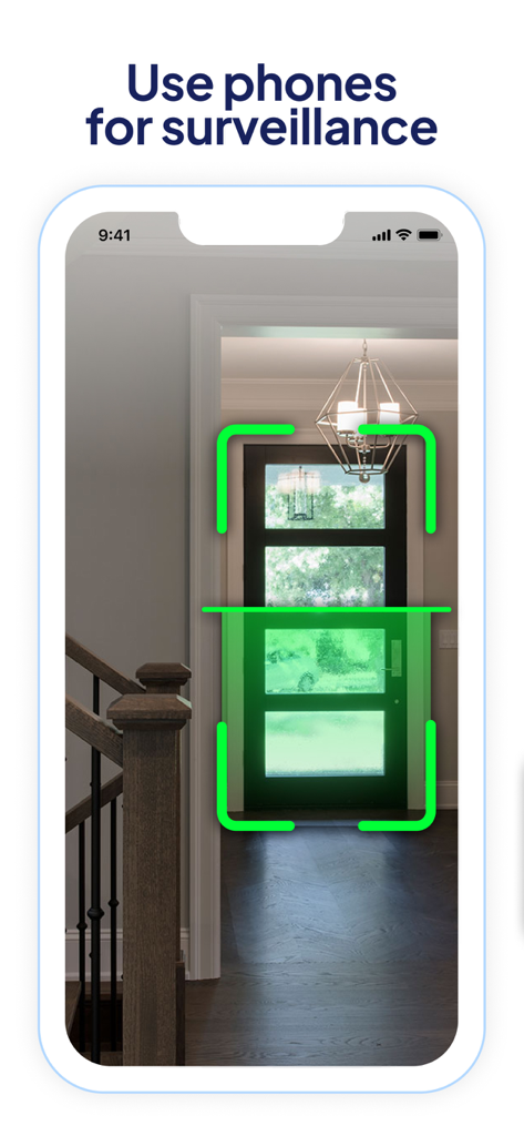 Cam V360 - Security Camera PRO - A smartphone screen using the Cam V360 app to monitor a home entrance for surveillance