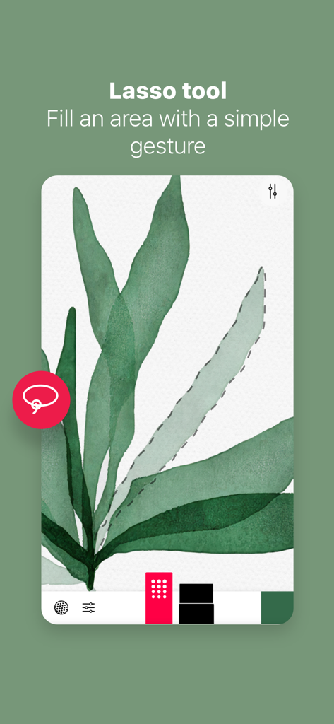 Interface de Tayasui Sketches montrant l'outil lasso sélectionnant une illustration de feuille à l'aquarelle.