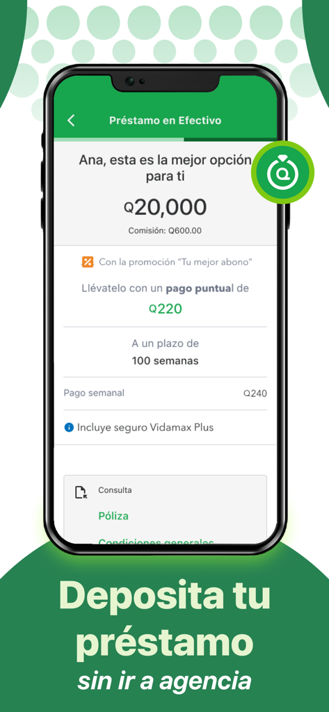 Banco Azteca Guatemala - Pantalla de préstamo en efectivo de la aplicación Banco Azteca Guatemala que muestra detalles de pagos semanales y monto