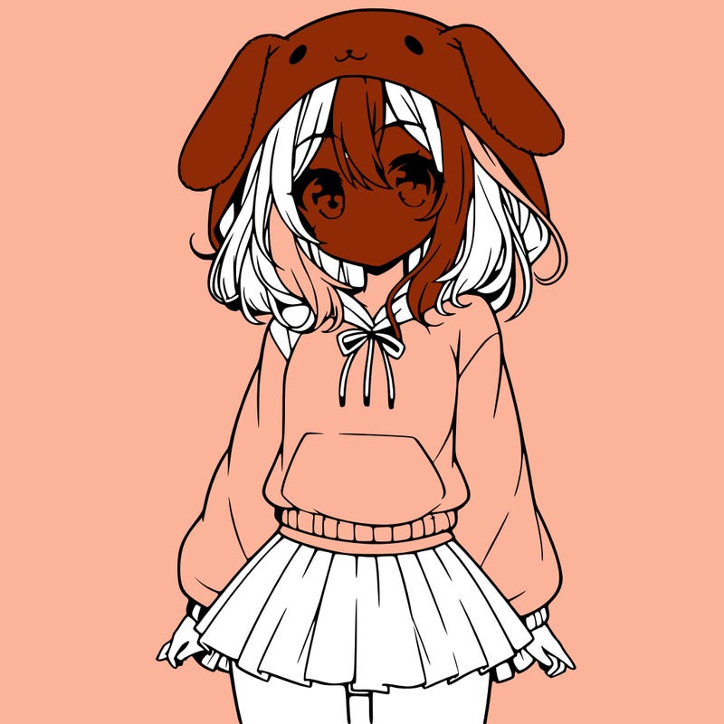 pretty anime girl wearing a fluffy hoodie with bunny ears on the hood and a skirt