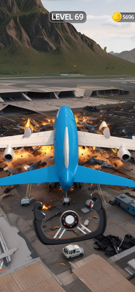 Jet azul chocando en una pista con fuego y explosiones en Sling Plane 3D