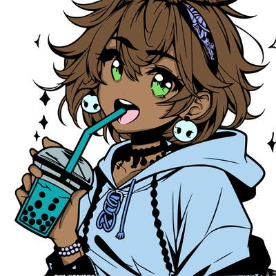 hot baddie anime girl drinking boba and biting the straw