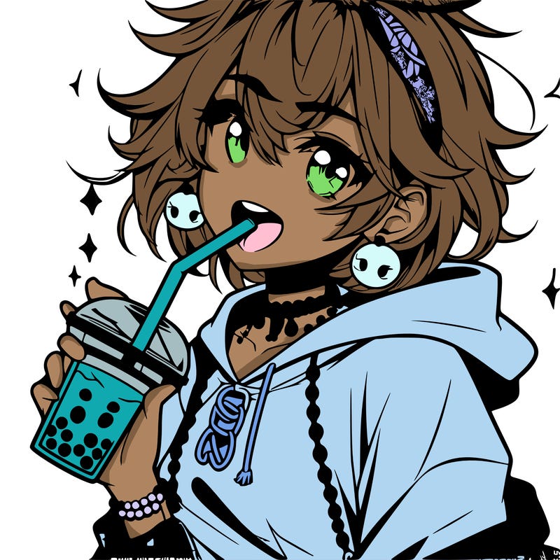 hot baddie anime girl drinking boba and biting the straw