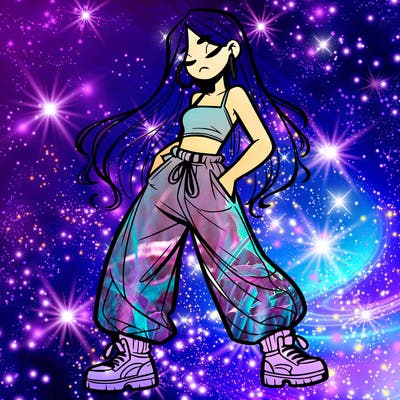 girl in baggy pants crop top and long hair