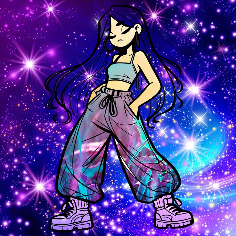 girl in baggy pants crop top and long hair