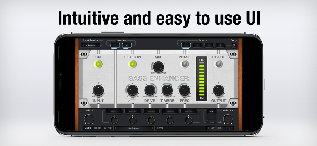 Interface do usuário do plugin AUv3 Bass Enhancer exibida em uma tela de smartphone