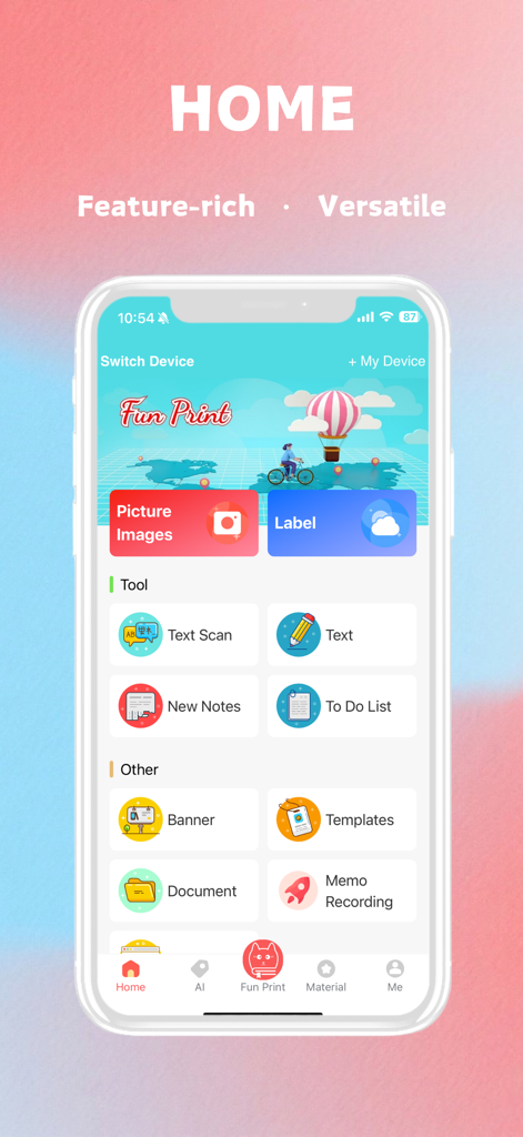 Fun Print - The home screen of the Fun Print app showing main features like picture printing label creation and text scanning