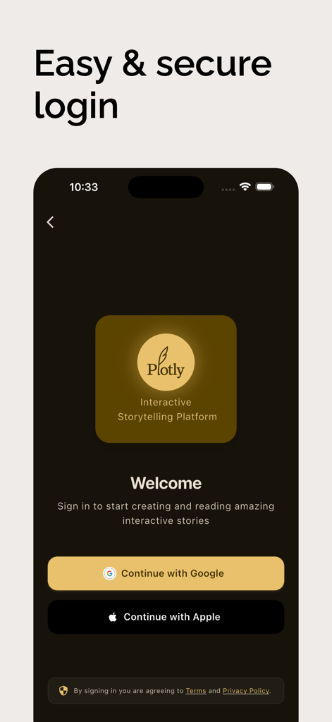 Plotika - Pantalla de bienvenida de la aplicación Plotika que muestra opciones de inicio de sesión fáciles y seguras utilizando cuentas de Google y Apple
