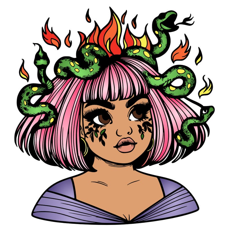 a plus size girl with short hair and snakes coming off her head like medusa, and flames in her eyes, beautiful and realistic