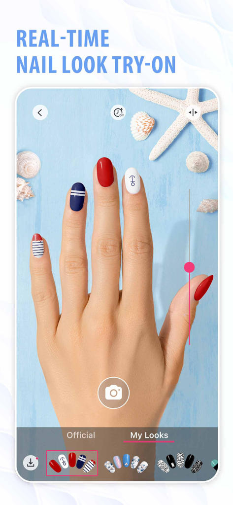 A hand using the YouCam Nails app to virtually try on different nail art designs in real time