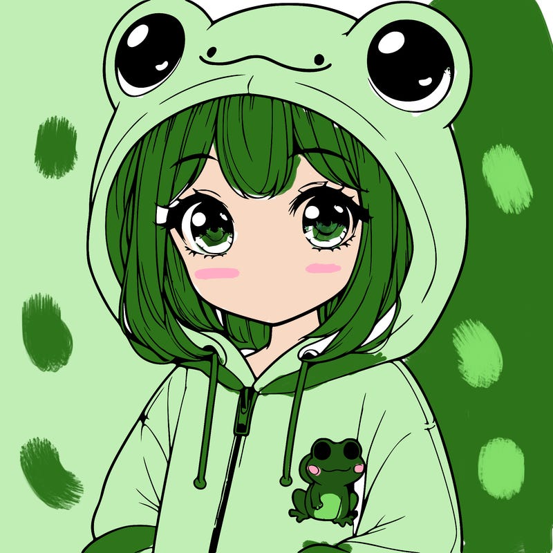 cute realistic girl in a froggy hoodie