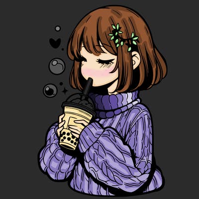 manga girl drinking boba in cozy sweater