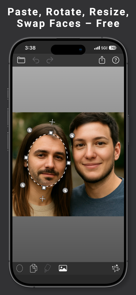 Facecopy: Face Swap Pic Editor - A screenshot of Facecopy app showing a face selection tool to swap faces on a photo of two people.