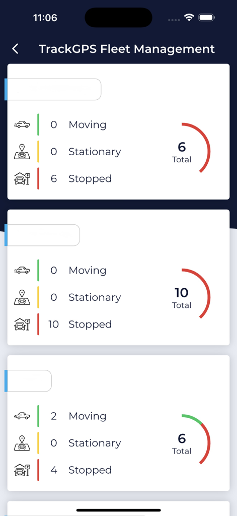 Painel de status da frota em tempo real mostrando veículos em movimento, parados e parados