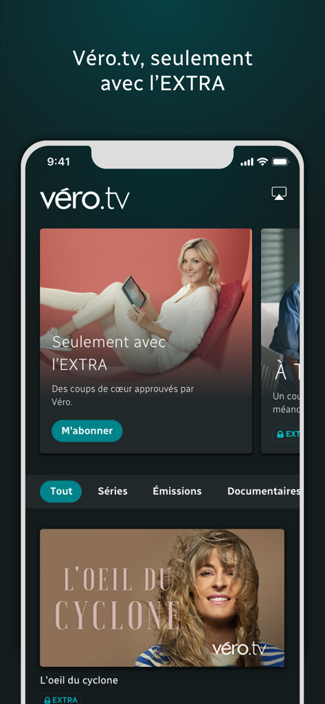 ICI TOU.TV - Interfaz de la aplicación móvil ICI TOU.TV que muestra contenido exclusivo de Vero.tv disponible con la suscripción EXTRA.