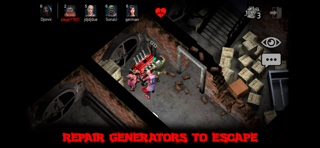 Three survivors working together to repair a red engine generator in Horrorfield