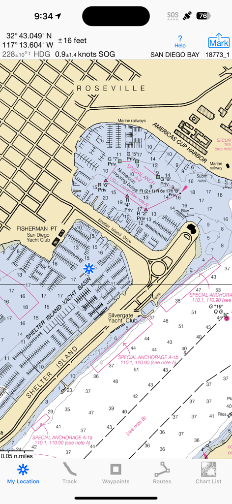 iSailGPS : NOAA USA RNC Charts - App iSailGPS che mostra una carta nautica NOAA raster dettagliata della baia di San Diego.