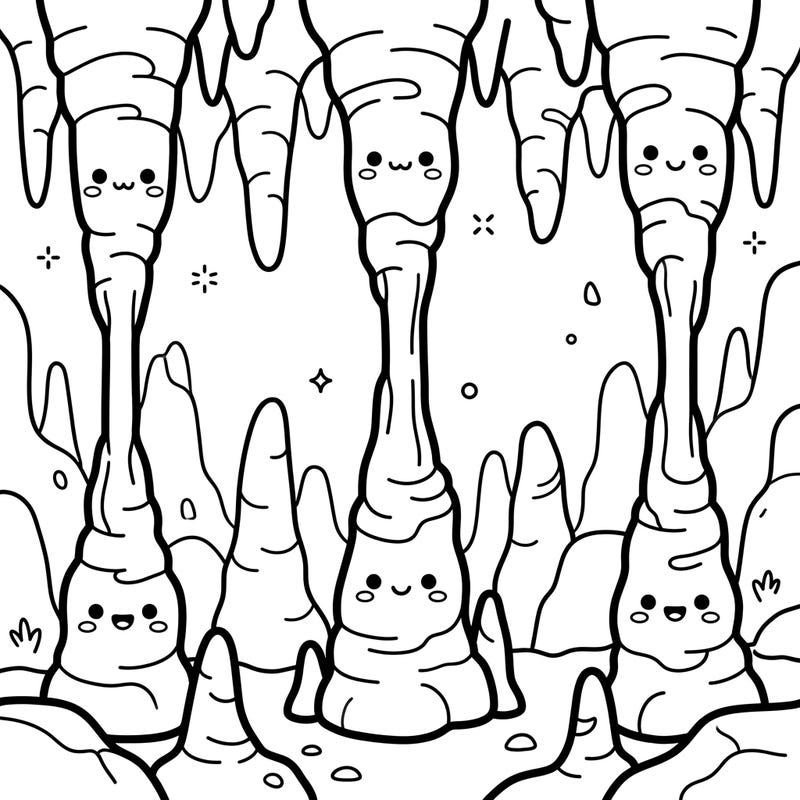 Dive into an enchanting underground adventure with our Kawaii Cave Columns coloring page. Bring these charming, smiling speleothems to life with your favorite colors and creative flair!
