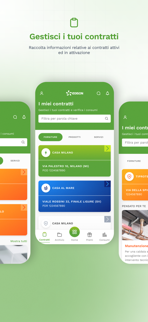 Interfaccia dell'app My Edison che mostra i contratti di utenze elettriche e gas gestiti per diverse località