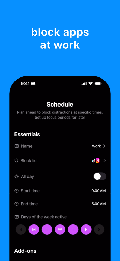 Timmy: App Blocker - Interface of Timmy App Blocker showing a work schedule to block distracting social media apps.