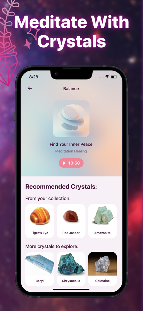 Healing Pal app screen showing crystal recommendations for inner peace meditation sessions.