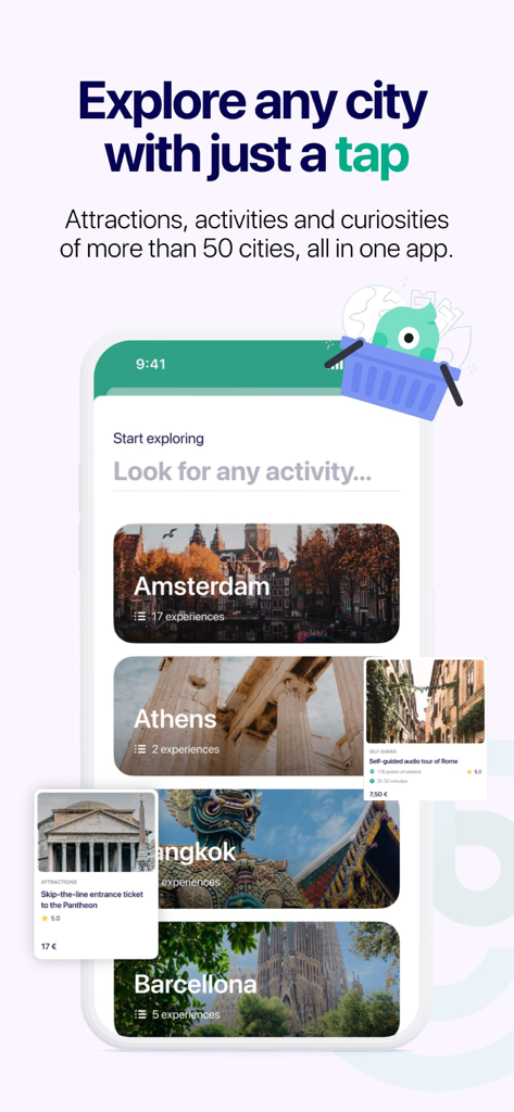 Vox City mobile app interface showing city tour options and attraction bookings for international destinations