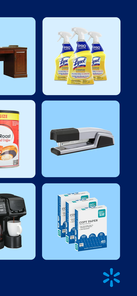 A variety of business essentials including cleaning products, coffee, office furniture, and paper supplies