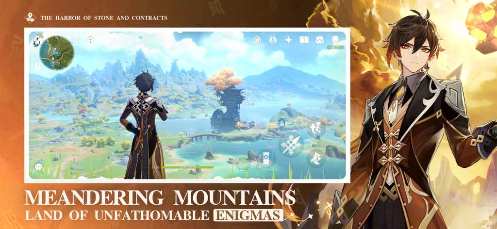 Captura de pantalla de jugabilidad de Genshin Impact con el personaje Zhongli contemplando las vastas montañas y el pintoresco paisaje de Liyue.