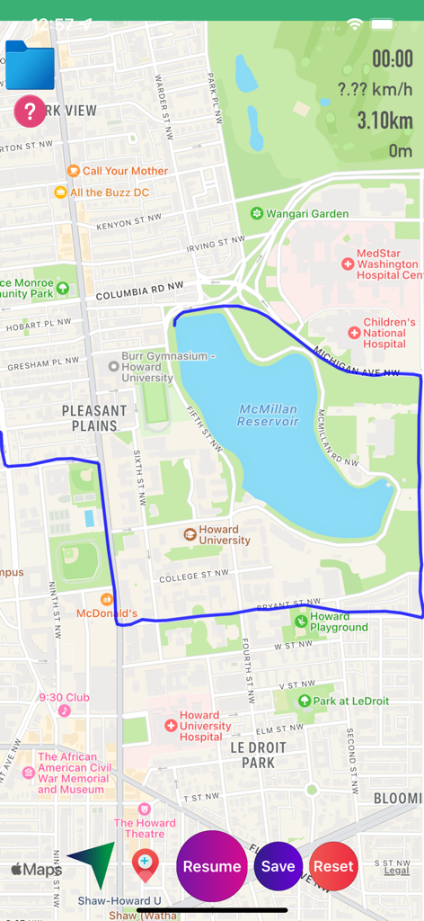 Map screen of the GPX Viewer app displaying a tracked route around McMillan Reservoir with real-time stats and navigation buttons