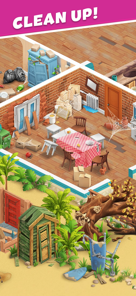 Una habitación desordenada de una mansión con telarañas y basura y un texto superpuesto que dice Limpiar en el juego Open House