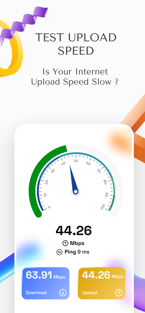 Wifi Internet Speed Test Meter - A screenshot of the Wifi Internet Speed Test Meter app showing upload and download speed results on a speedometer interface