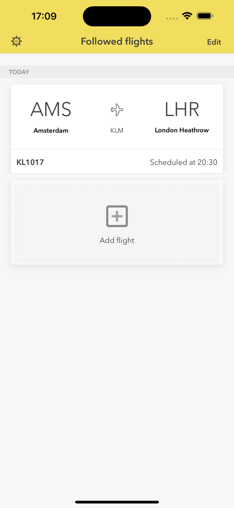 Schiphol app showing a followed KLM flight from Amsterdam to London Heathrow