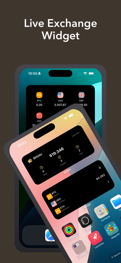 Blockfolio Pro: Crypto Tracker - Blockfolio Pro live exchange widget displaying crypto and fiat portfolio balances on an iPhone home screen
