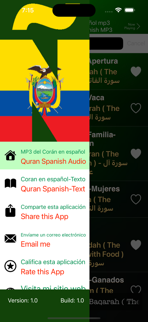 Menú lateral de la aplicación Corán en Español con opciones de navegación bilingüe y un gráfico decorativo de la bandera ecuatoriana.